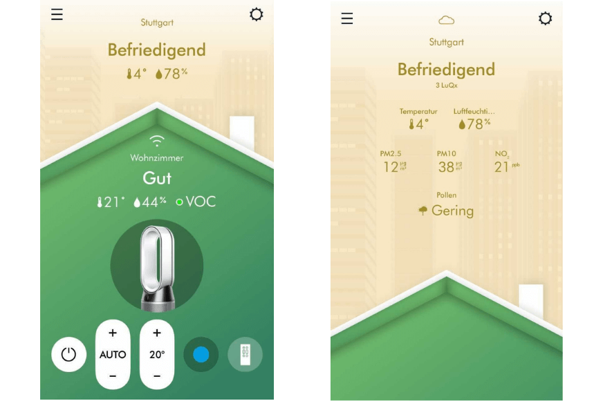 Die Dyson Link App zeigt verschiedene Daten zur Luftqualität im Wohnzimmer und außerhalb des Zuhauses
